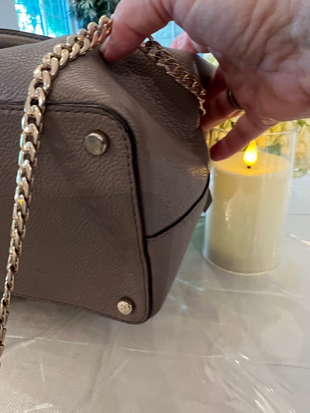 Kate Spade New York Taupe Pebbled Leather Satchel Gold Chain Shoulder Bag - Picture 9 of 10